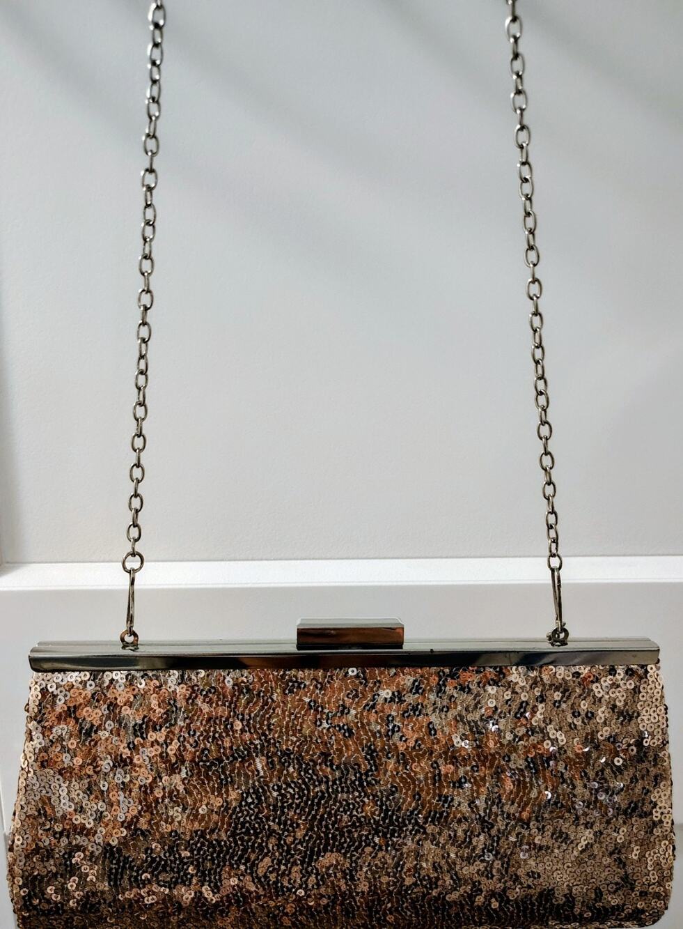 Rose Gold Glittery Evening Bag, Silver Clasp, Clutch Shoulder Chain